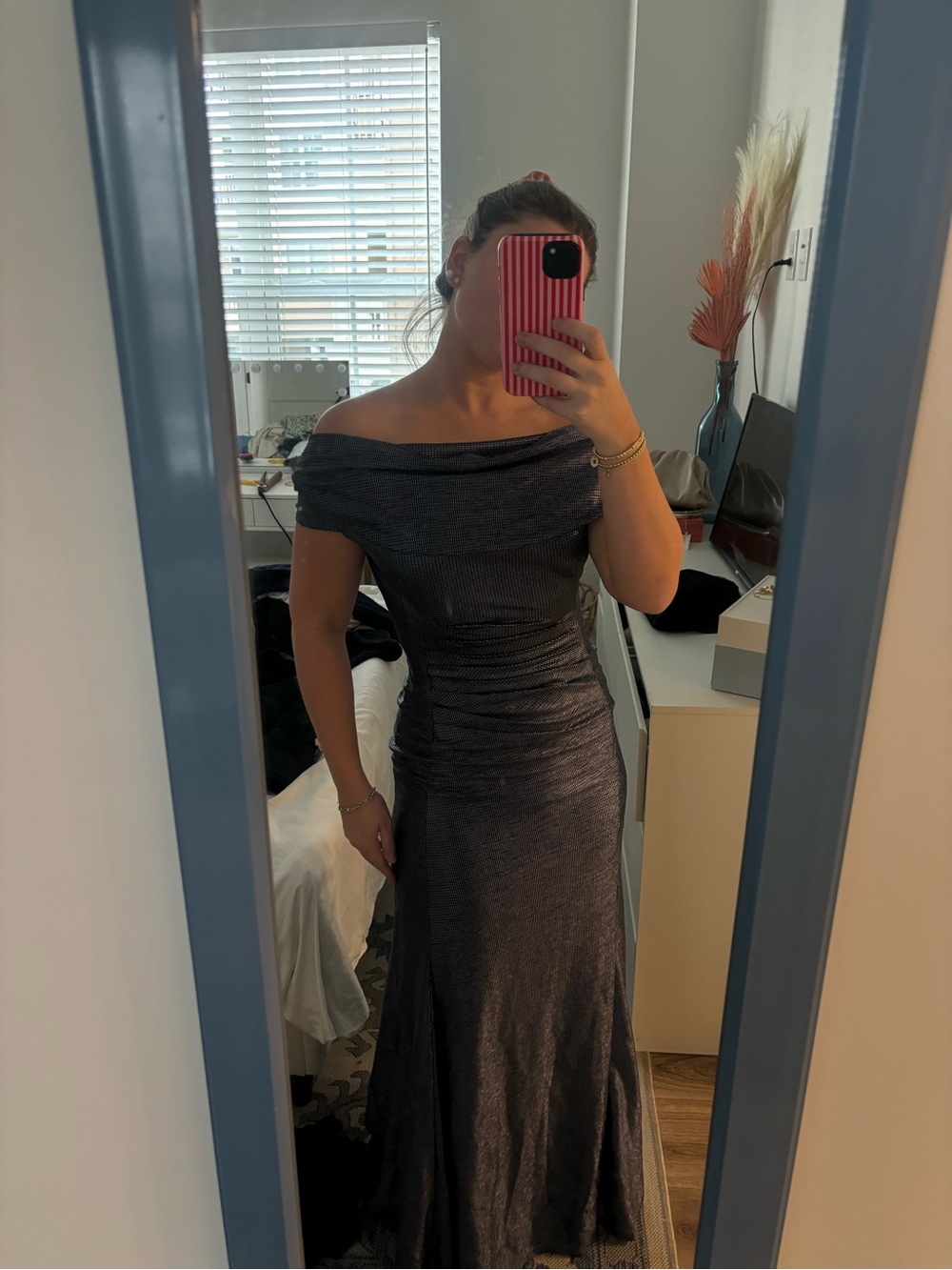 Tahari Off-Shoulder Navy Evening Gown